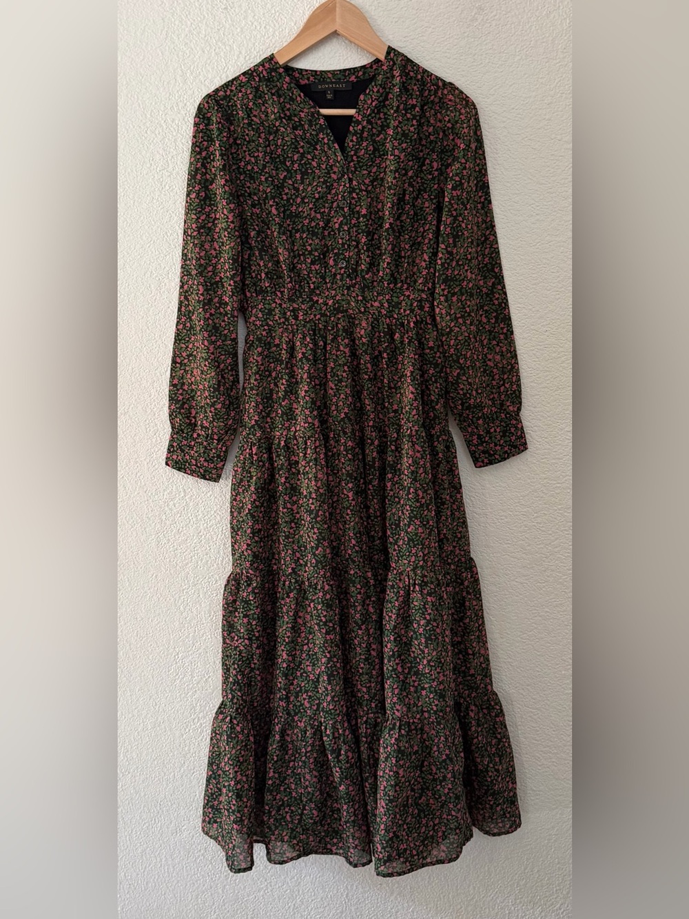 Downeast Size Small Long Sleeve Tiered Maxi Micro Floral Dress Rayon Lined